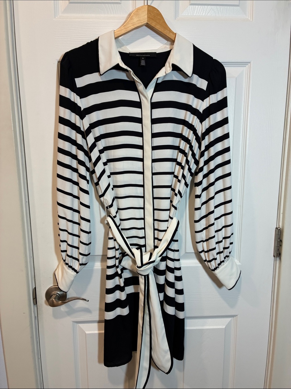 White House Black Market Black and White Striped Long-Sleeve Shirt Dress